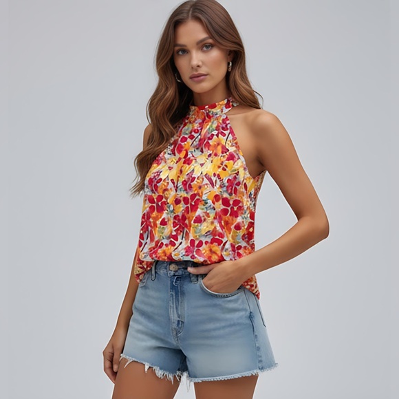 Floral Print Keyhole Back Halter  Blouse - Picture 6 of 9
